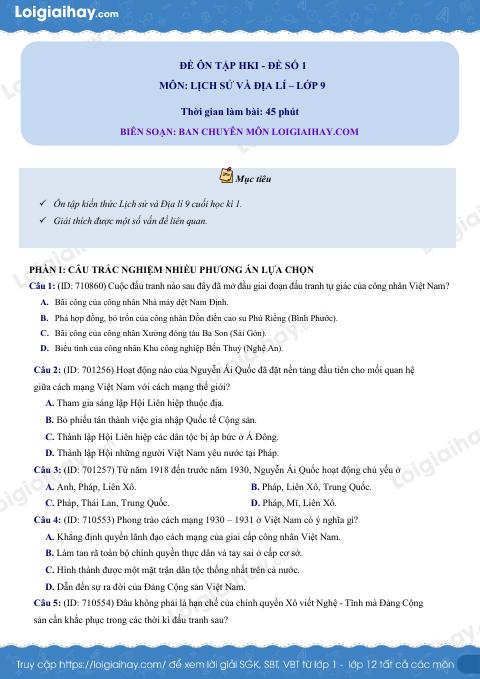 Đề thi học kì 1 Lịch sử và Địa lí 9 KNTT - Đề số 1